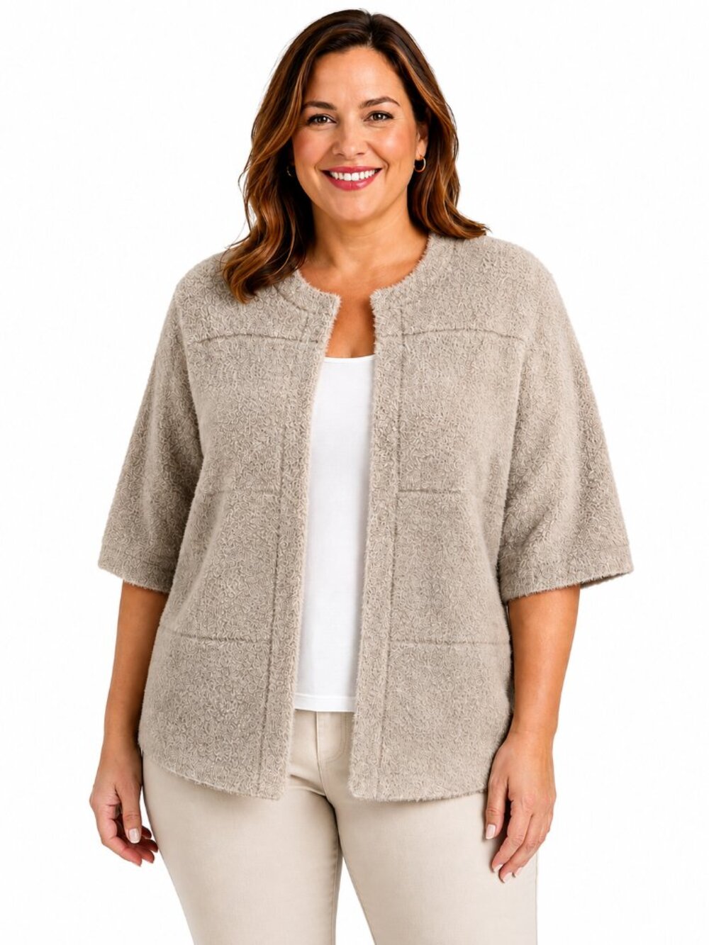 Chico's Beige Fuzzy Open Front Cardigan Sweater Jacket Size 3 (US 16)